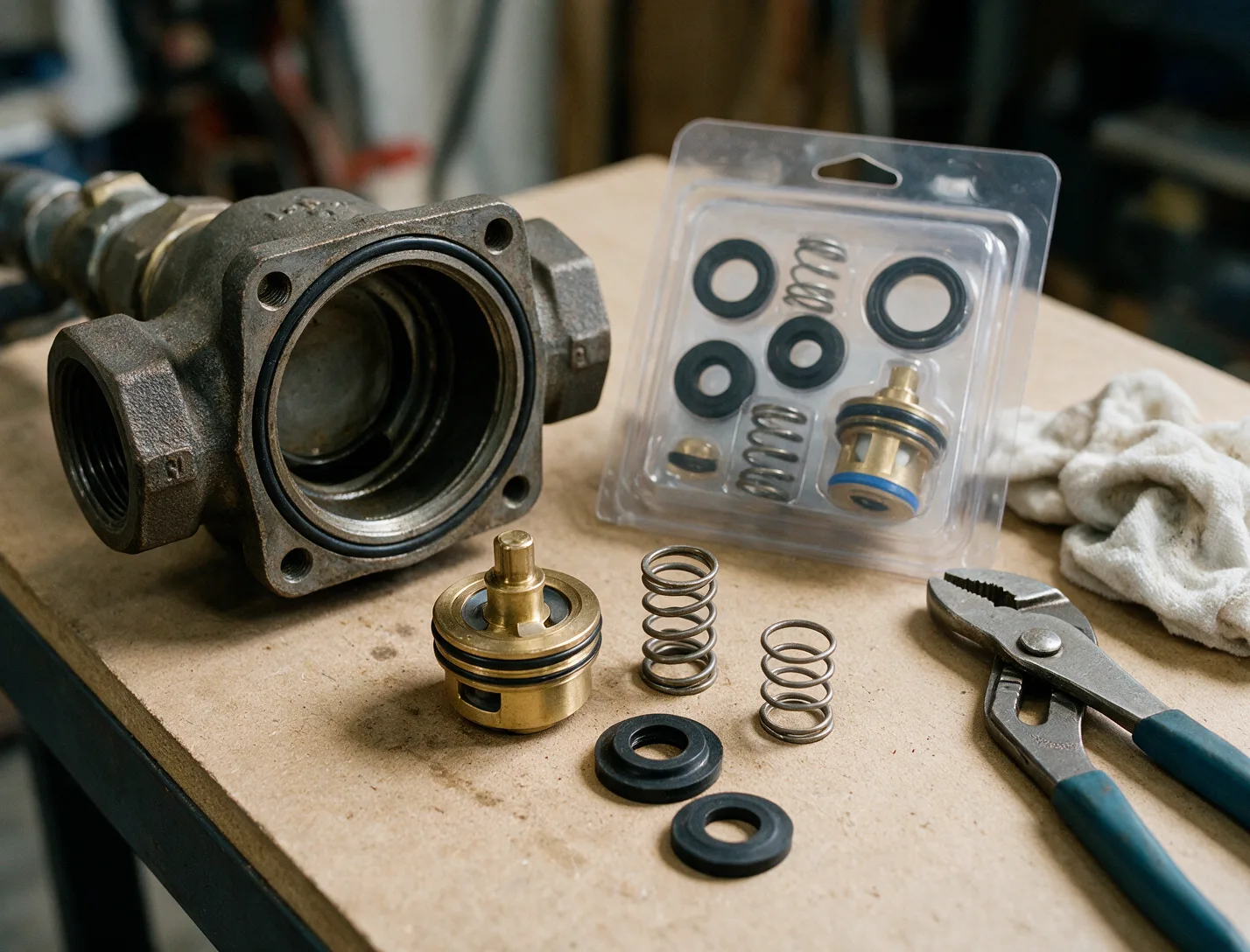 A disassembled backflow check valve beside a rebuild kit