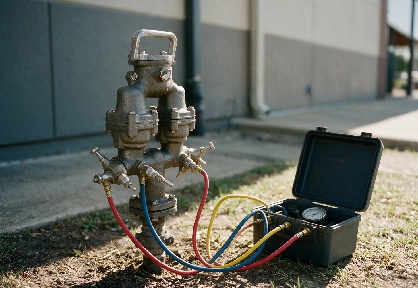 A backflow test kit connected to a reduced pressure assembly