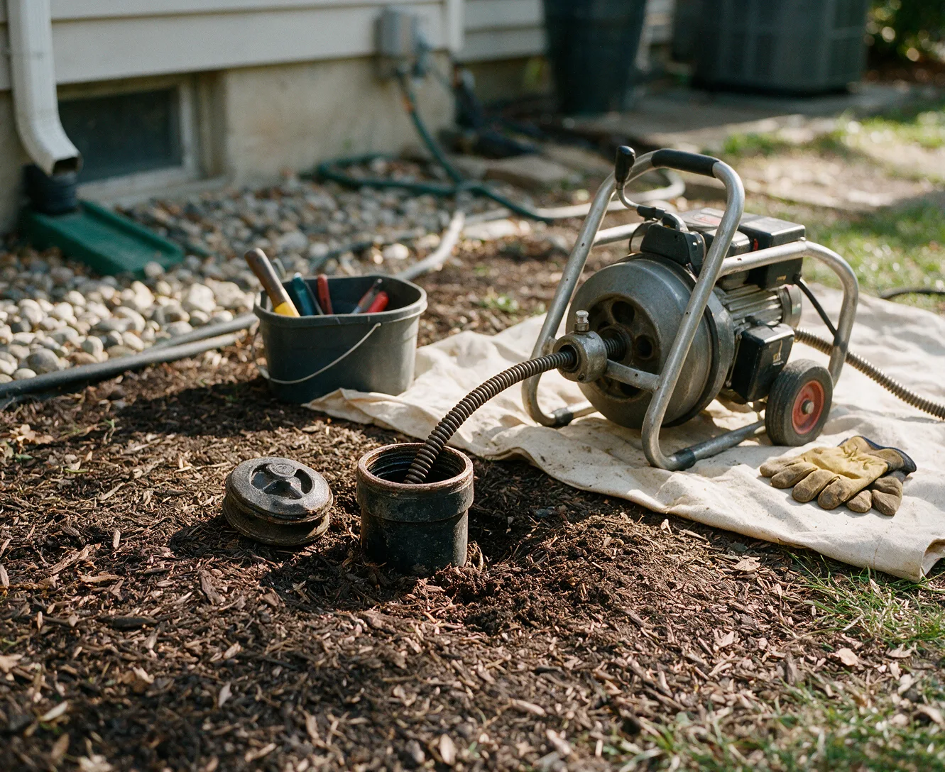 A drain cable machine fed into an outdoor sewer cleanout