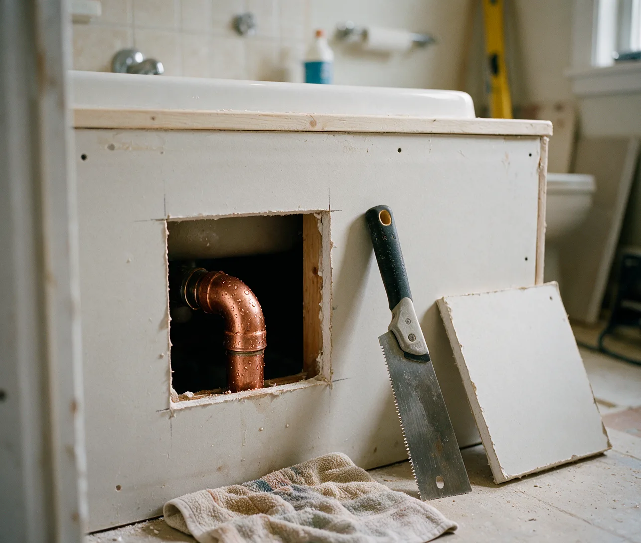A drywall opening exposing a leaking copper fitting