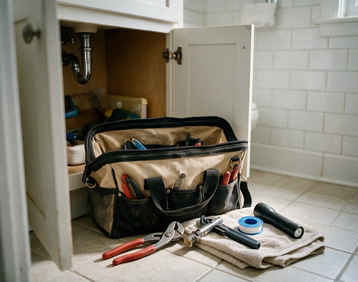 A plumber's tool bag open beside a bathroom vanity