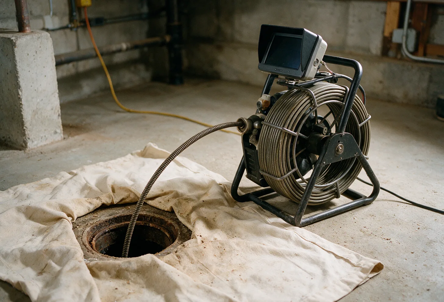 A sewer inspection camera reel beside an open cleanout