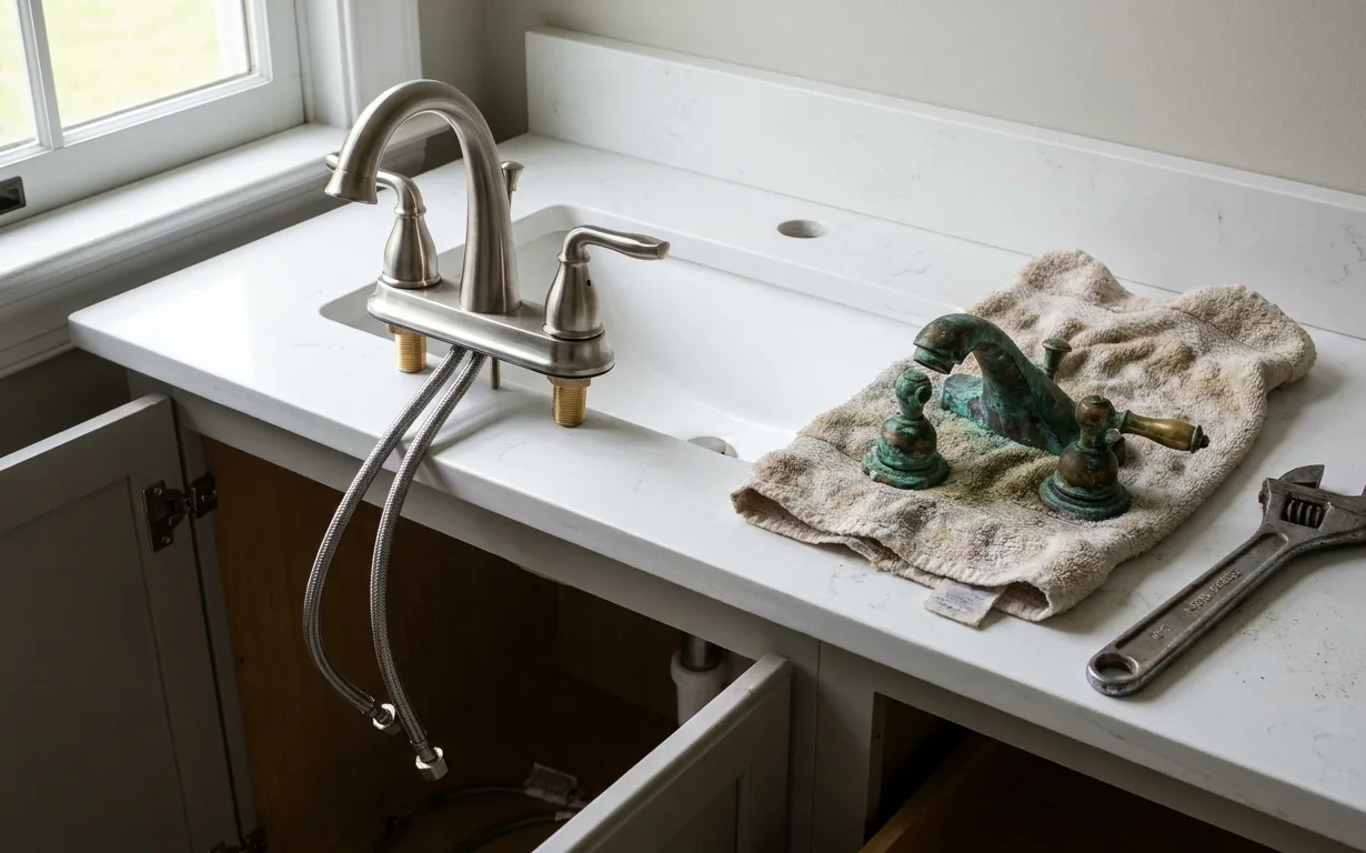 A new brushed nickel faucet being fitted on a bathroom vanity