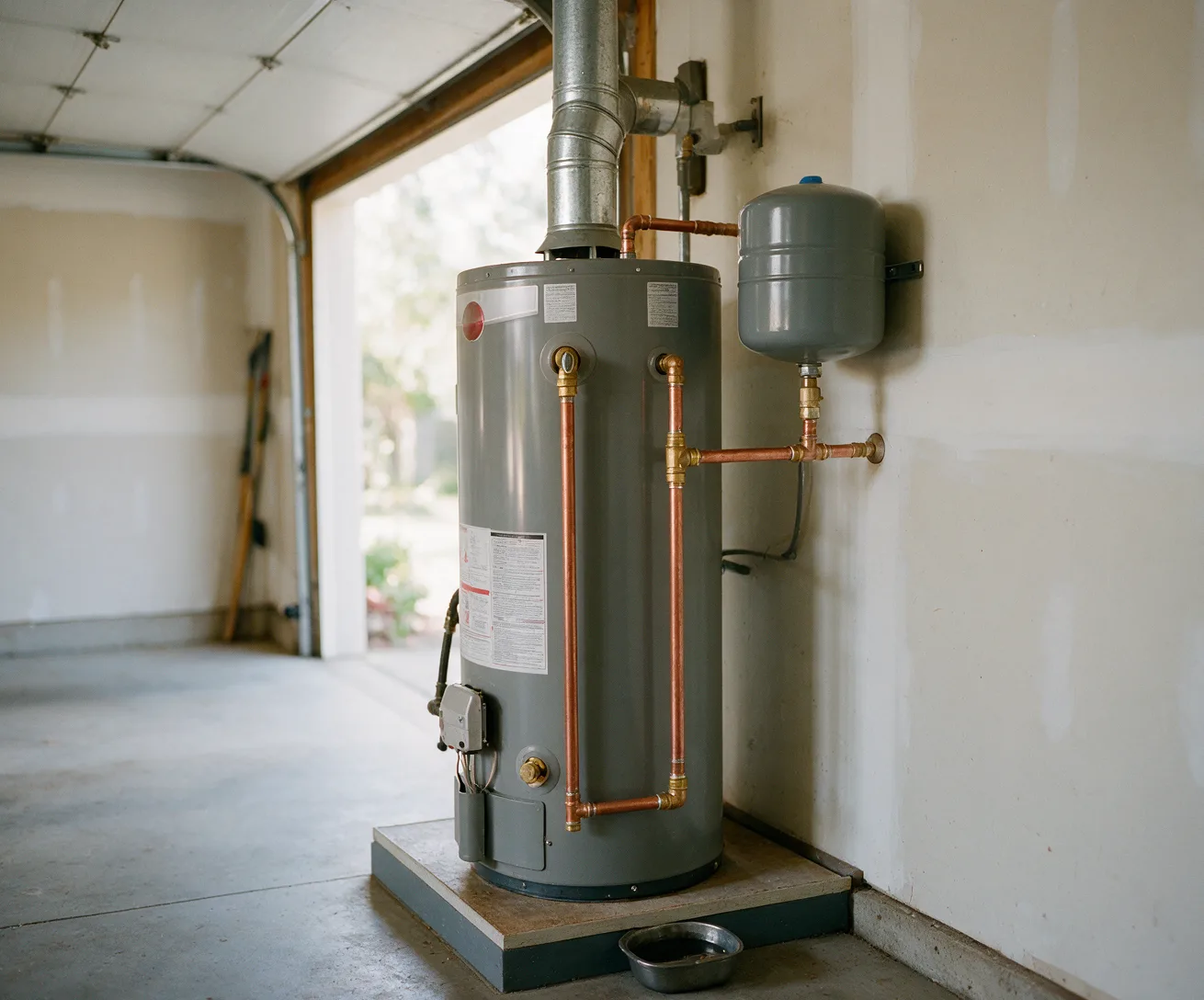 A newly serviced gas water heater with new flue and expansion tank in a garage